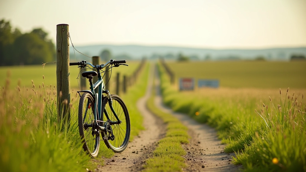 Velosipēds uz lauku ceļa ar Kandavas apkārtnes skatienu fonā