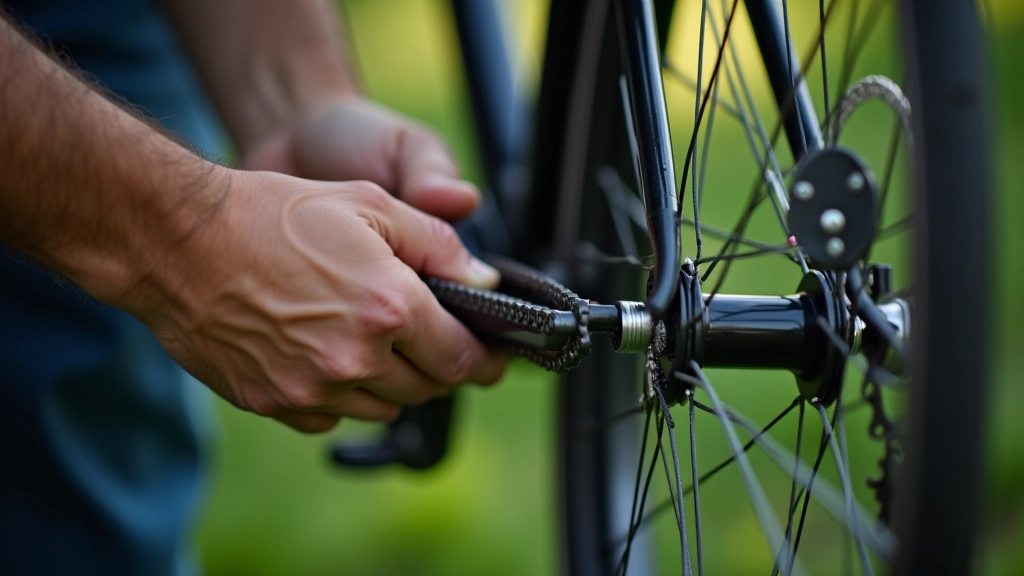Tuvplāns ar velosipēda apkopi: ķēne, bremzes un riepa tiek pārbaudītas dārzā