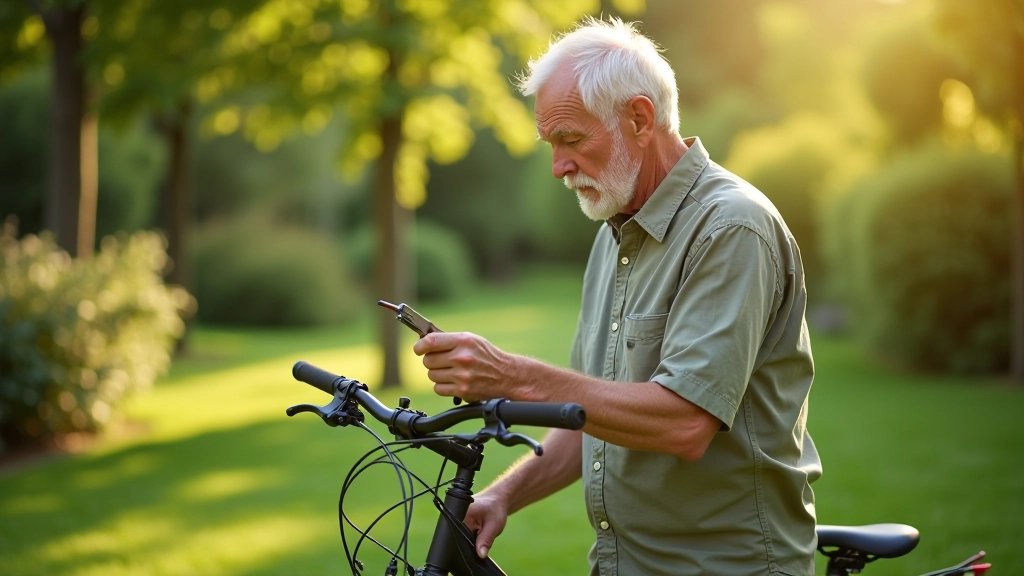 Pensionārs ar instrumentiem pārbaudē velosipēdu dārzā, saulainā dienā, mierīga atmosfēra