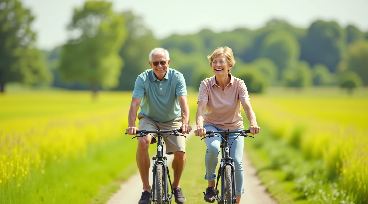 Seniori braucā ar velosipēdiem pa zaļajām pļavām Abava ielejas ainava