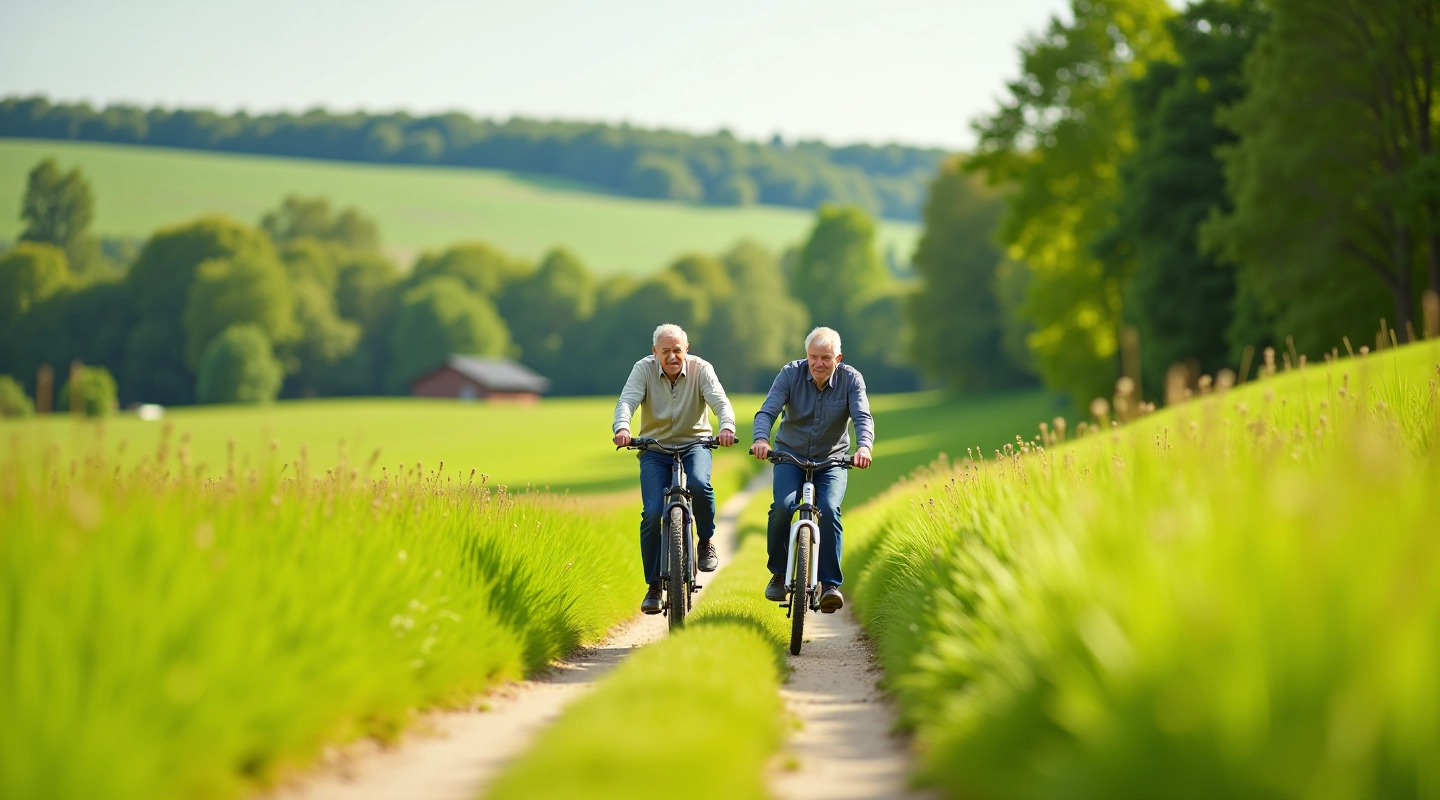 Divi aktīvi seniori braucā ar velosipēdiem pa zaļu pļavu, skaidrs laiks, Abava ielejas ainava